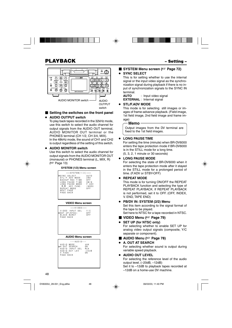 Playback, Setting, System menu screen | Page 72), Video menu, Page 79), Audio menu, Page 78), Setting the switches on the front panel, Sync select | JVC BR-DV6000 User Manual | Page 48 / 106