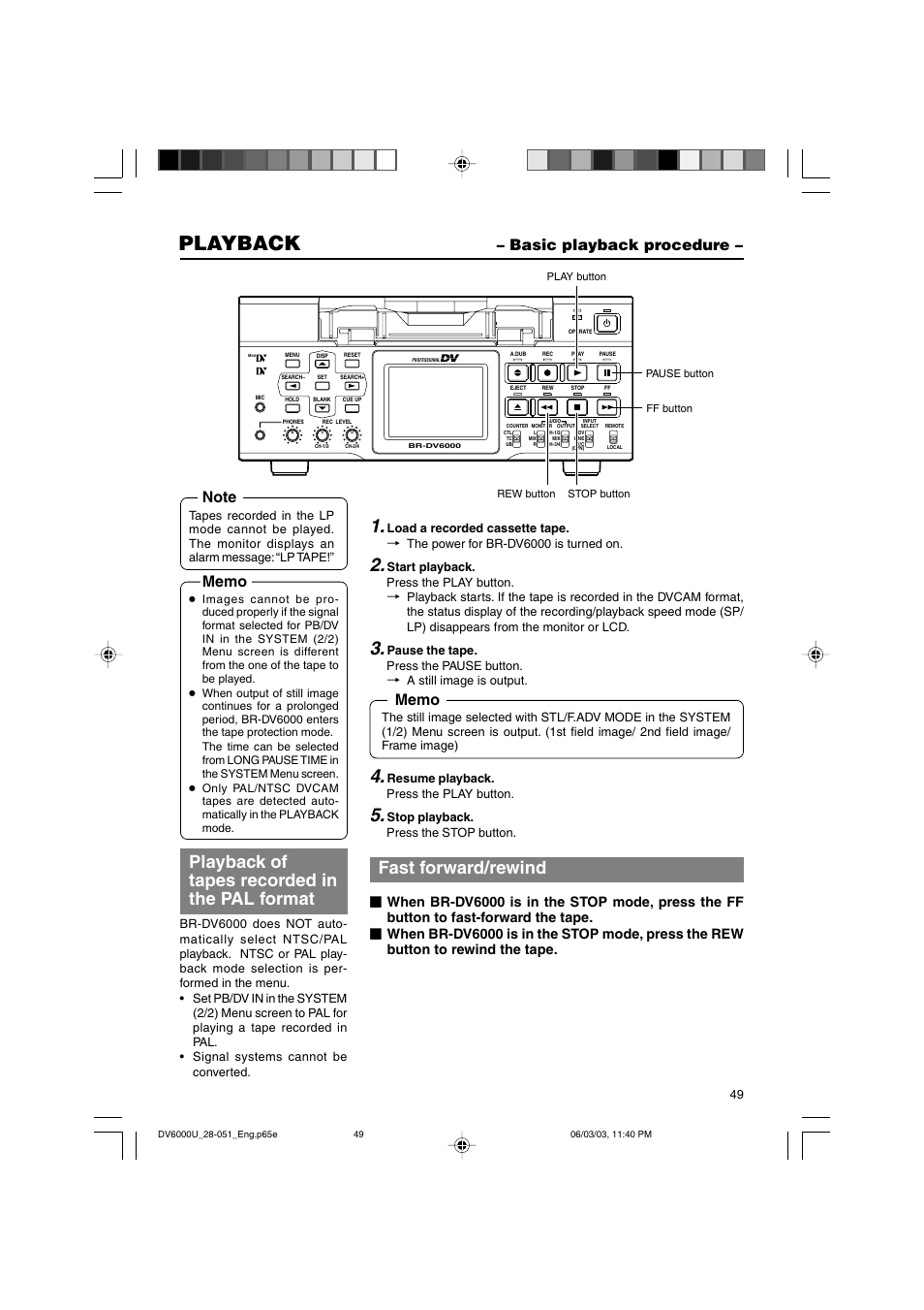 Basic playback procedure, Playback, Playback of tapes recorded in the pal format | Fast forward/rewind | JVC BR-DV6000 User Manual | Page 49 / 106