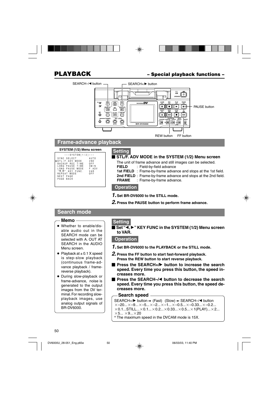 Special playback functions, Playback, Frame-advance playback | Search mode, Special playback functions – : setting, Operation, Setting, Search speed, Stl/f. adv mode in the system (1/2) menu screen | JVC BR-DV6000 User Manual | Page 50 / 106