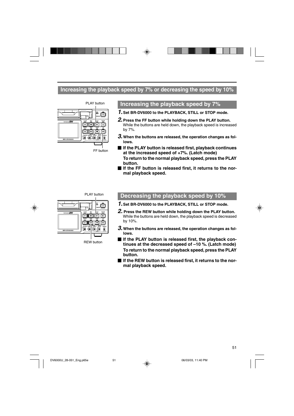 Increasing the playback speed by 7, Decreasing the playback speed by 10, Set br-dv6000 to the playback, still or stop mode | Play button ff button play button rew button | JVC BR-DV6000 User Manual | Page 51 / 106