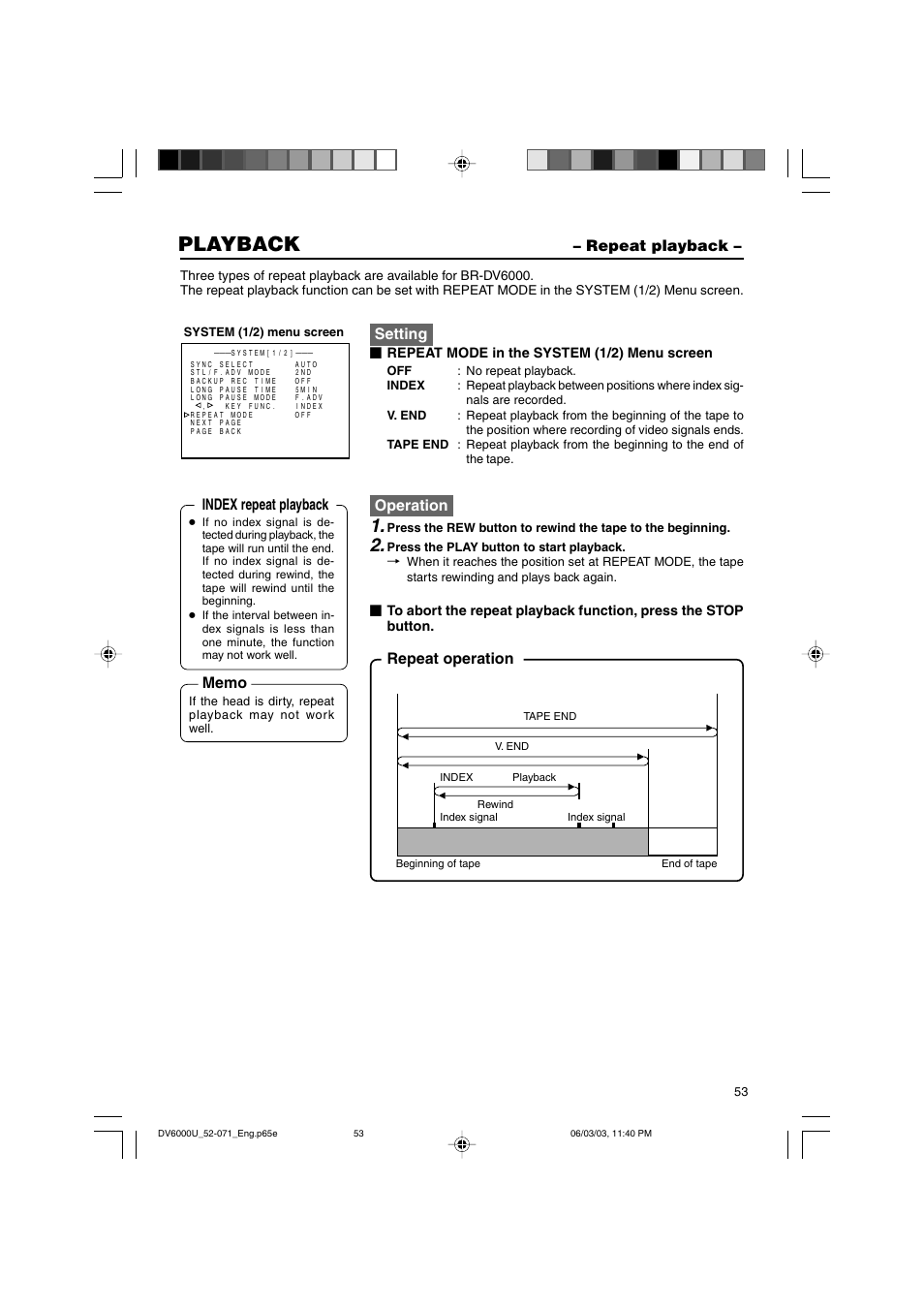 Repeat playback, Playback, Setting | Operation, Repeat operation index repeat playback, Repeat mode in the system (1/2) menu screen | JVC BR-DV6000 User Manual | Page 53 / 106
