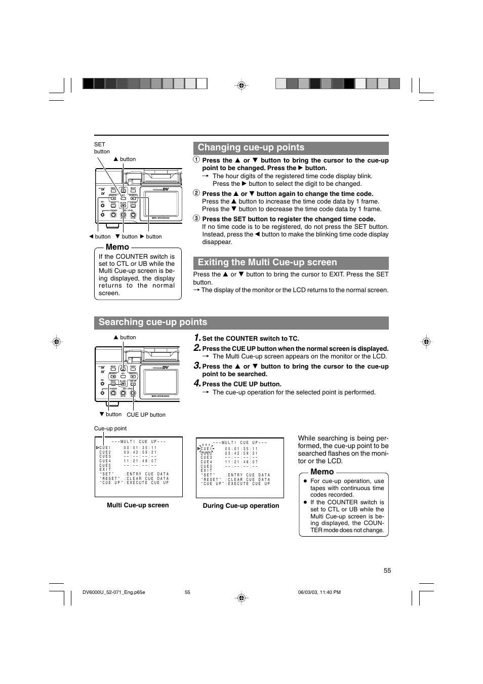 Changing cue-up points, Set the counter switch to tc, Multi cue-up screen | During cue-up operation | JVC BR-DV6000 User Manual | Page 55 / 106