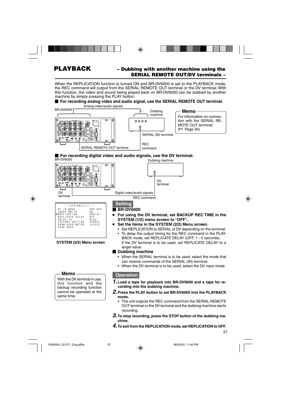 Playback, Setting, Operation | Br-dv6000, Dubbing machine, System (2/2) menu screen, Page 34), Dv terminal | JVC BR-DV6000 User Manual | Page 57 / 106