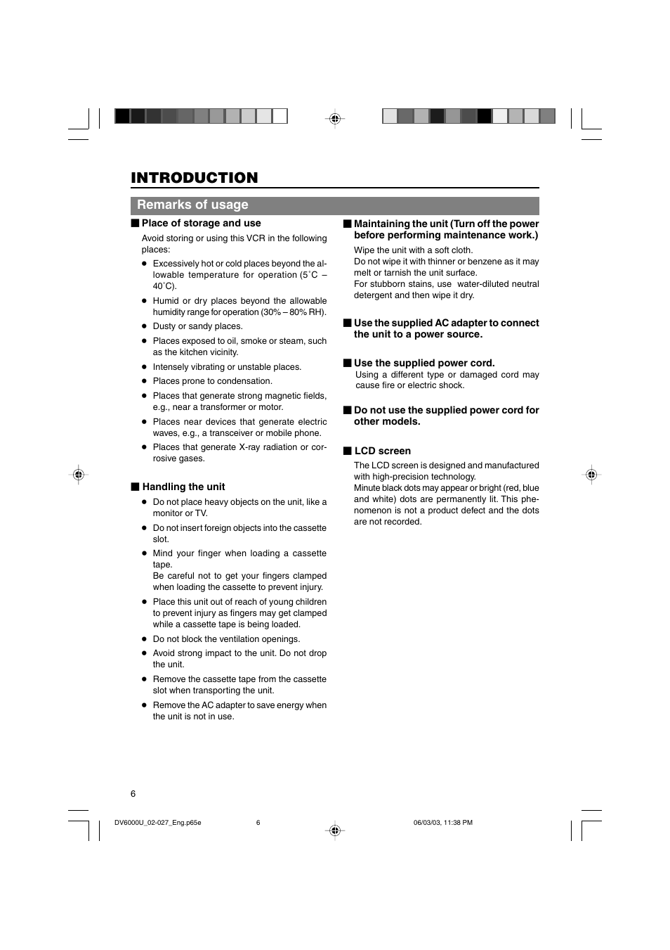 Introduction, Remarks of usage | JVC BR-DV6000 User Manual | Page 6 / 106