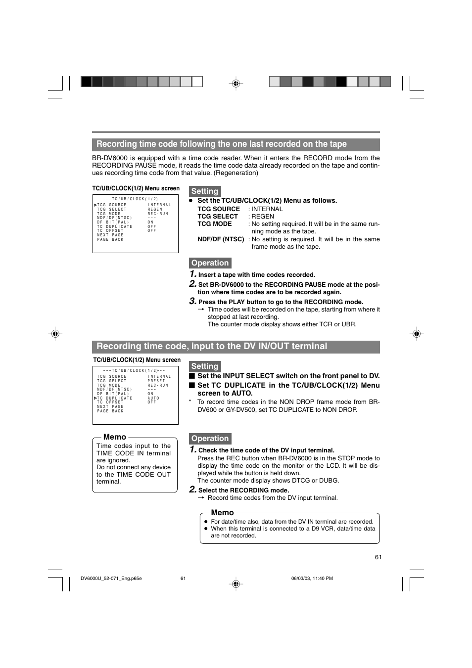 Setting, Operation, Set the tc/ub/clock(1/2) menu as follows | JVC BR-DV6000 User Manual | Page 61 / 106