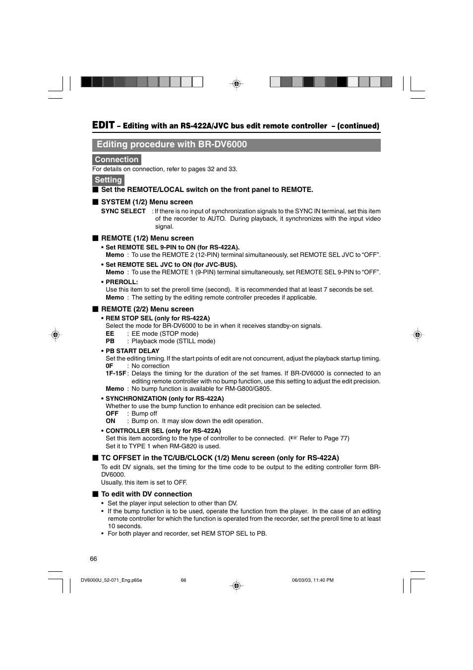 Edit, Editing procedure with br-dv6000 | JVC BR-DV6000 User Manual | Page 66 / 106