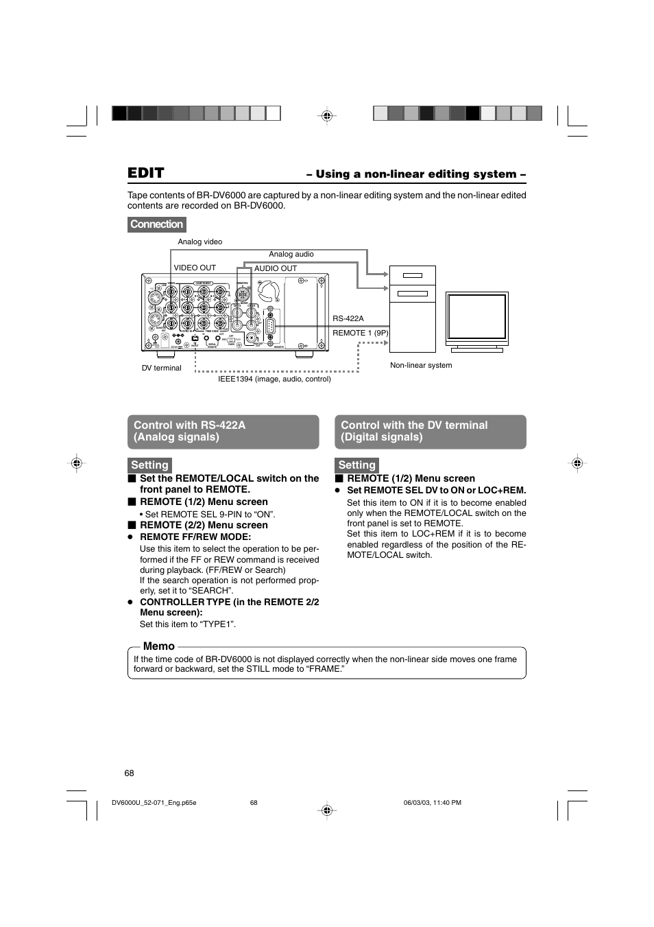 Using a non-linear editing system, Edit, Connection : : setting | Setting, Åiéféwé^éãêmçüç égç§åj, Remote (2/2) menu screen, Remote (1/2) menu screen, Remote ff/rew mode, Controller type (in the remote 2/2 menu screen), Set remote sel dv to on or loc+rem | JVC BR-DV6000 User Manual | Page 68 / 106