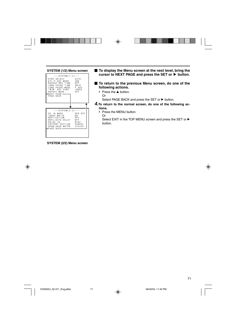 71 system (1/2) menu screen, System (2/2) menu screen | JVC BR-DV6000 User Manual | Page 71 / 106