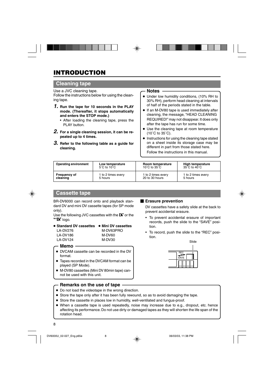 Cleaning tape, Cassette tape, Introduction | Remarks on the use of tape | JVC BR-DV6000 User Manual | Page 8 / 106