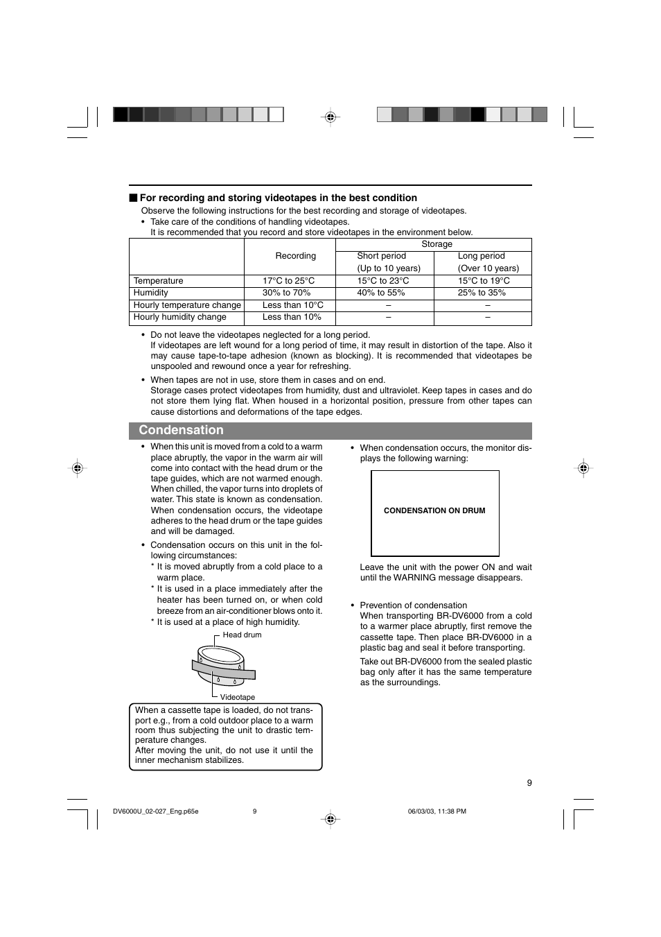 Condensation | JVC BR-DV6000 User Manual | Page 9 / 106