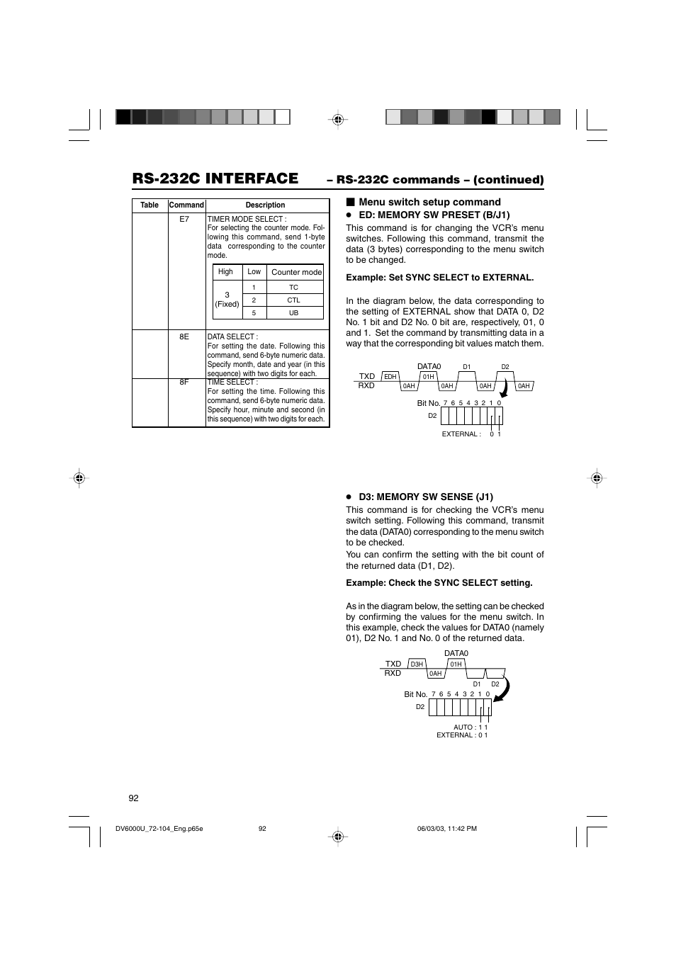 Rs-232c interface, Rs-232c commands – (continued), Menu switch setup command | JVC BR-DV6000 User Manual | Page 92 / 106