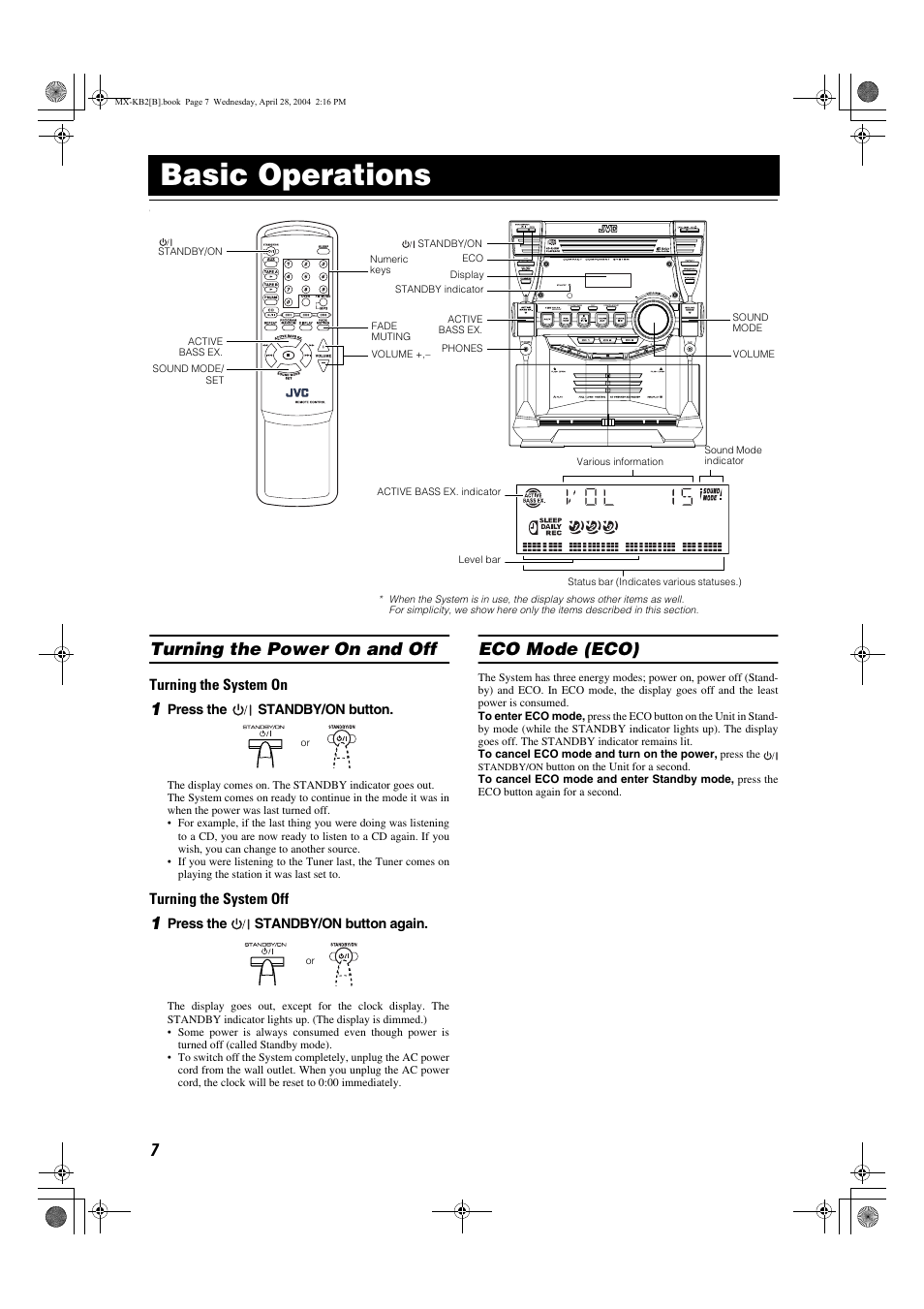 Basic operations, Turning the power on and off, Eco mode (eco) | JVC CA-MXKB1 User Manual | Page 10 / 30