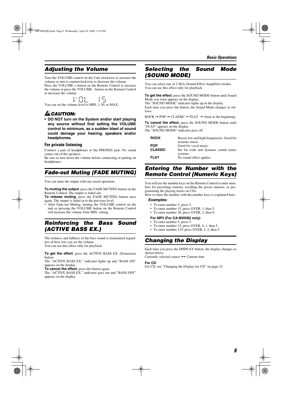 Adjusting the volume, Fade-out muting (fade muting), Reinforcing the bass sound (active bass ex.) | Selecting the sound mode (sound mode), Changing the display | JVC CA-MXKB1 User Manual | Page 11 / 30