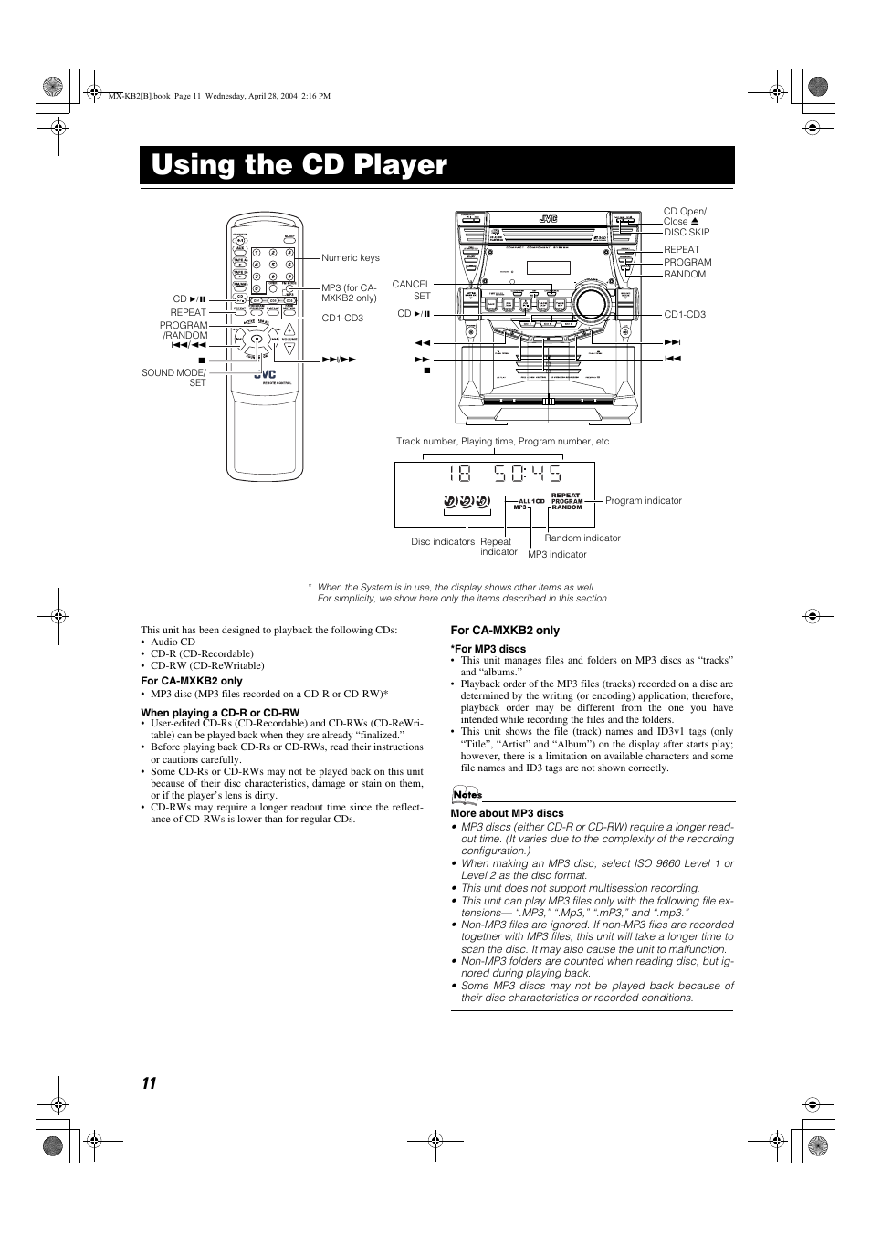 Using the cd player | JVC CA-MXKB1 User Manual | Page 14 / 30