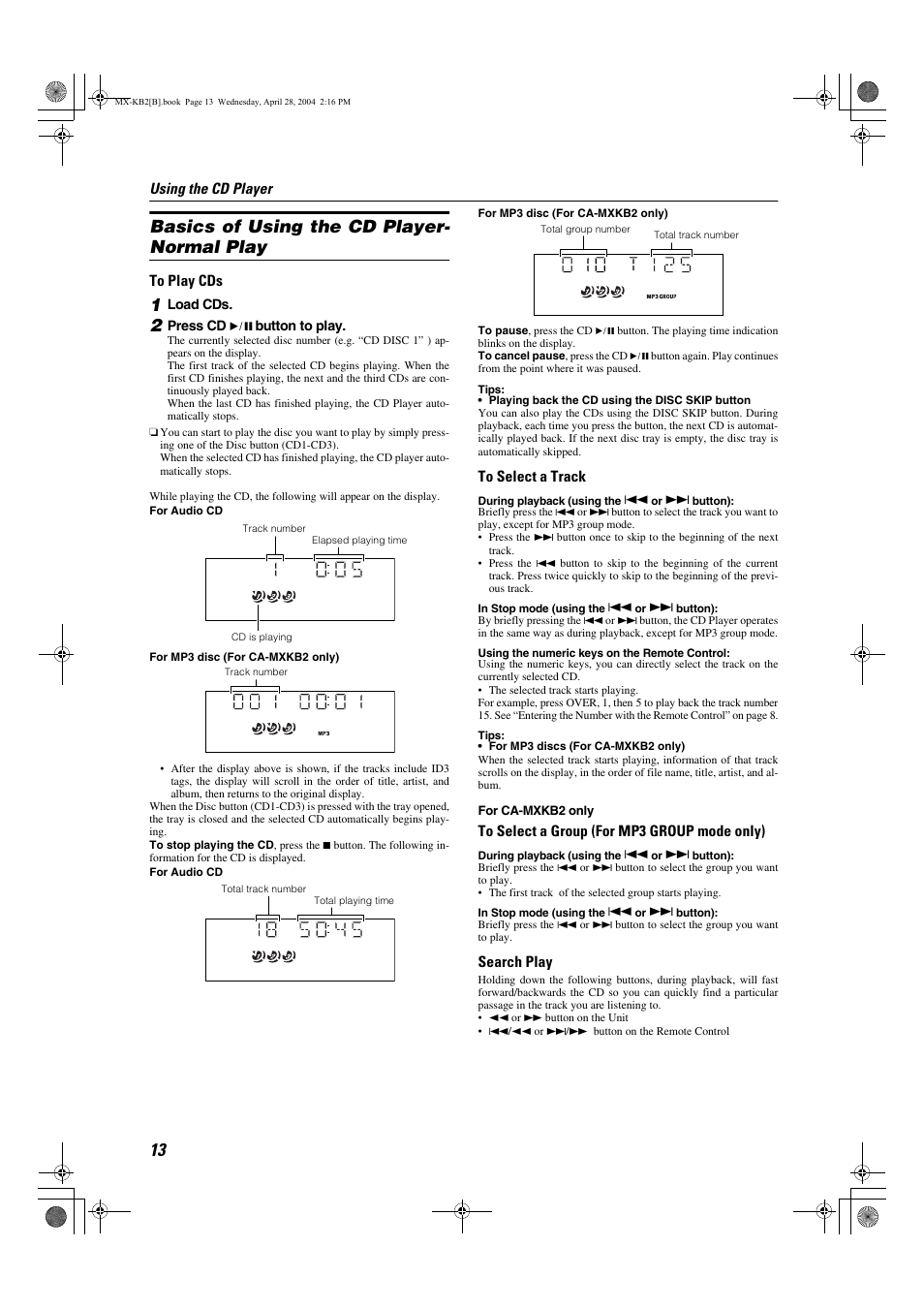 Basics of using the cd player- normal play | JVC CA-MXKB1 User Manual | Page 16 / 30