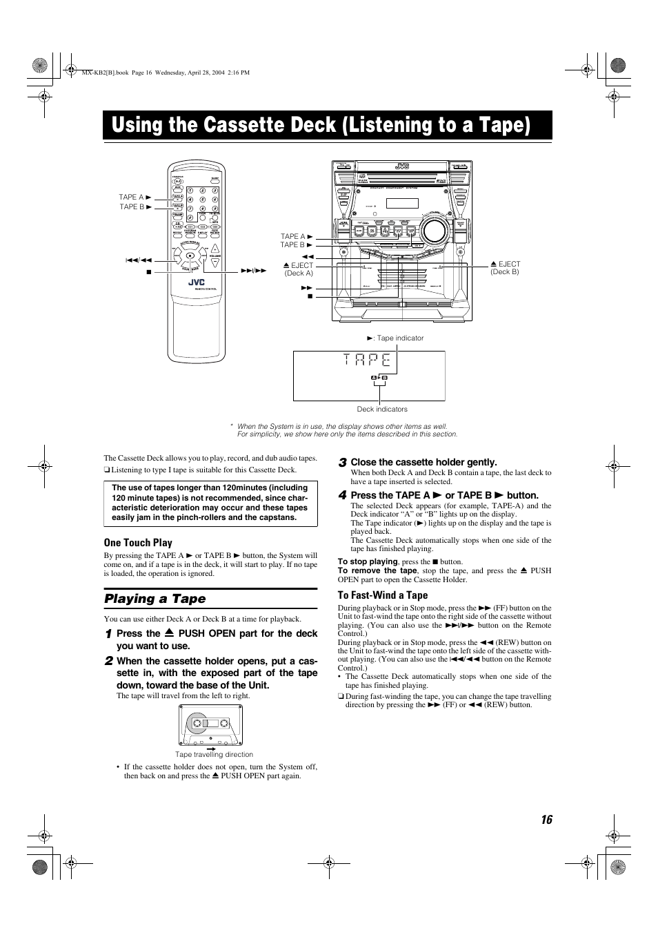 Using the cassette deck (listening to a tape), Playing a tape | JVC CA-MXKB1 User Manual | Page 19 / 30