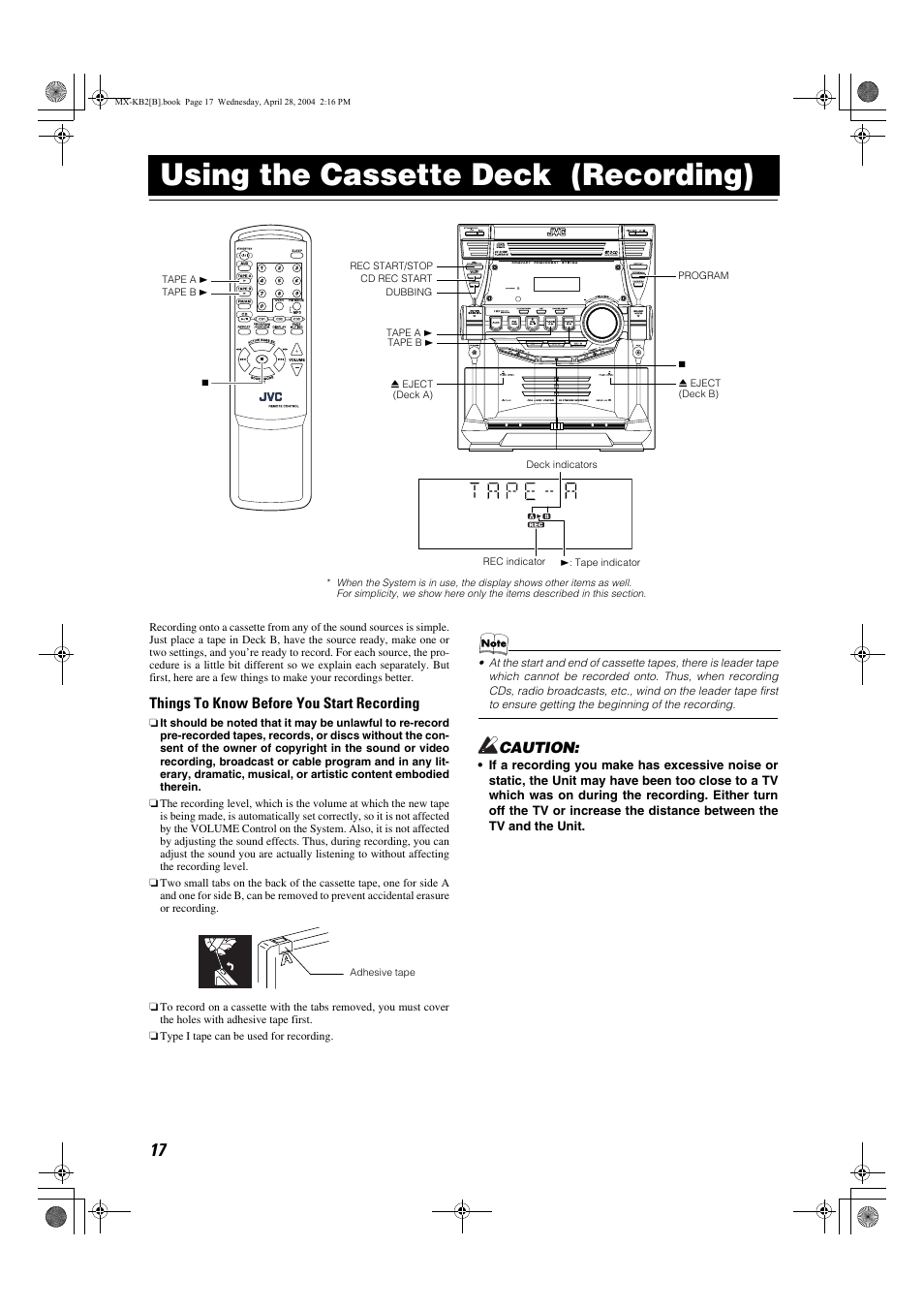 Using the cassette deck (recording), Things to know before you start recording, Caution | JVC CA-MXKB1 User Manual | Page 20 / 30