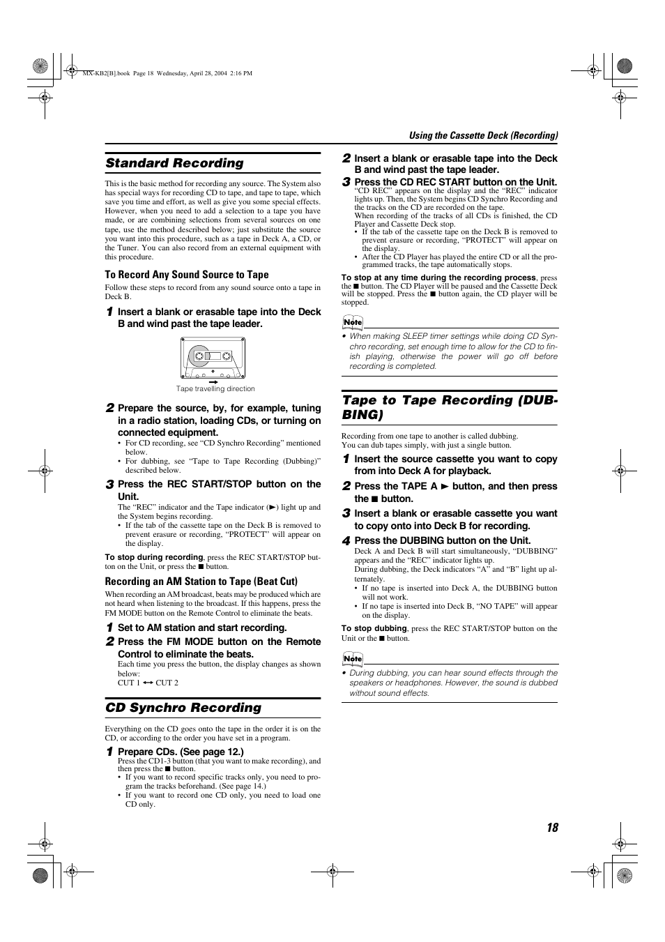 Standard recording, Cd synchro recording, Tape to tape recording (dub- bing) | JVC CA-MXKB1 User Manual | Page 21 / 30