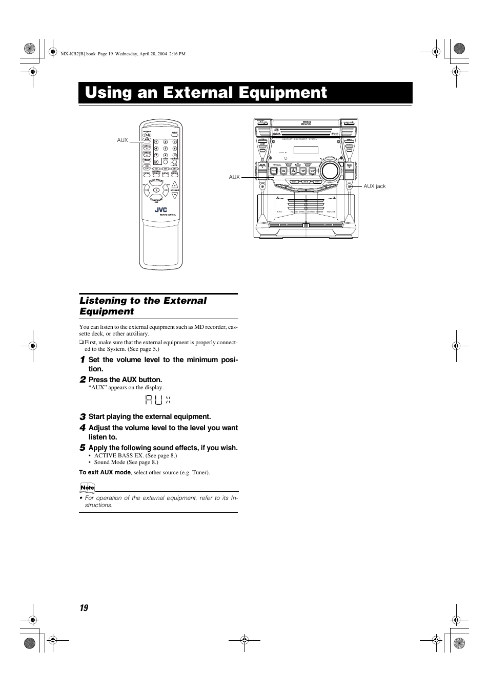 Using an external equipment, Listening to the external equipment | JVC CA-MXKB1 User Manual | Page 22 / 30