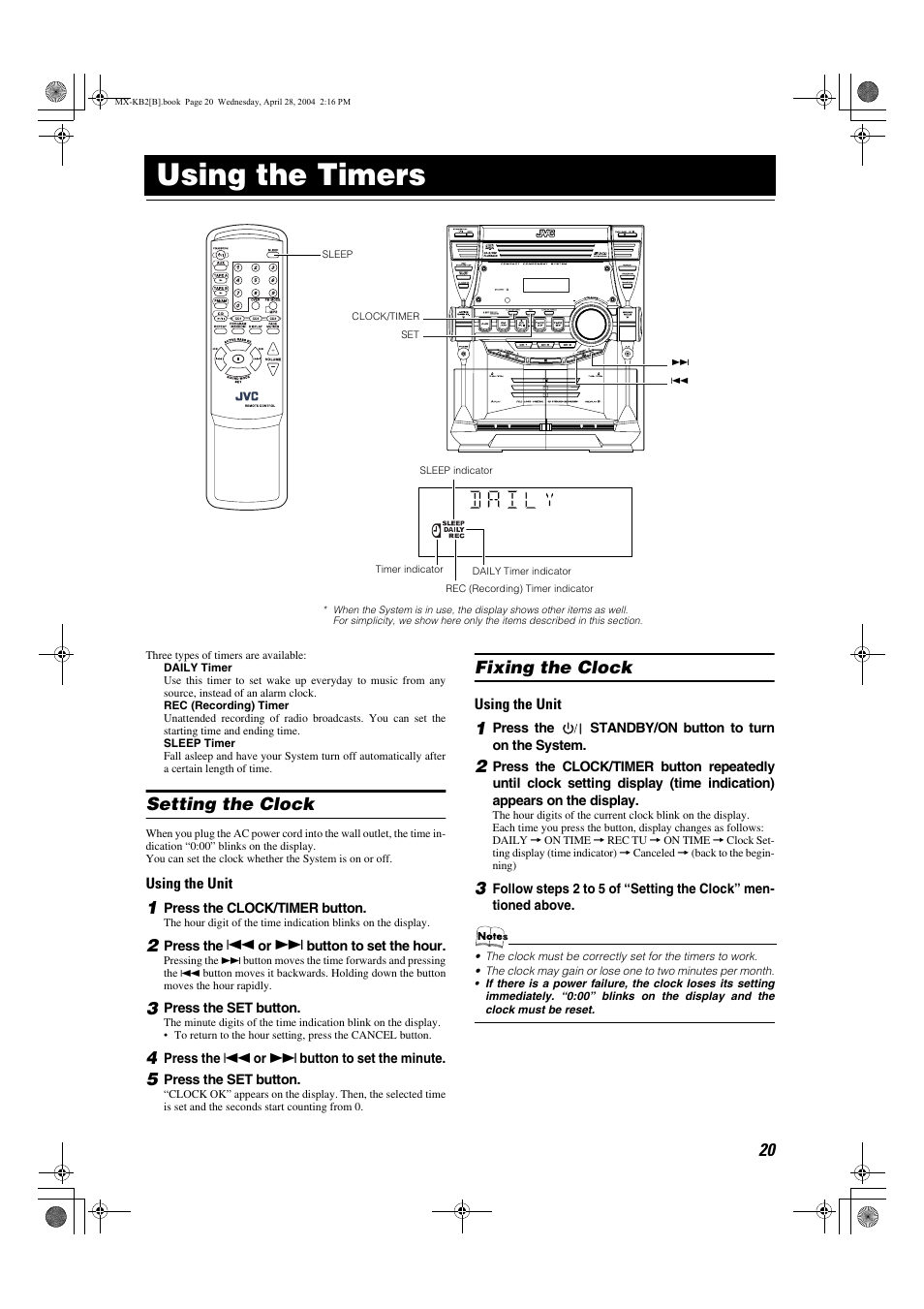 Using the timers, Setting the clock, Fixing the clock | JVC CA-MXKB1 User Manual | Page 23 / 30