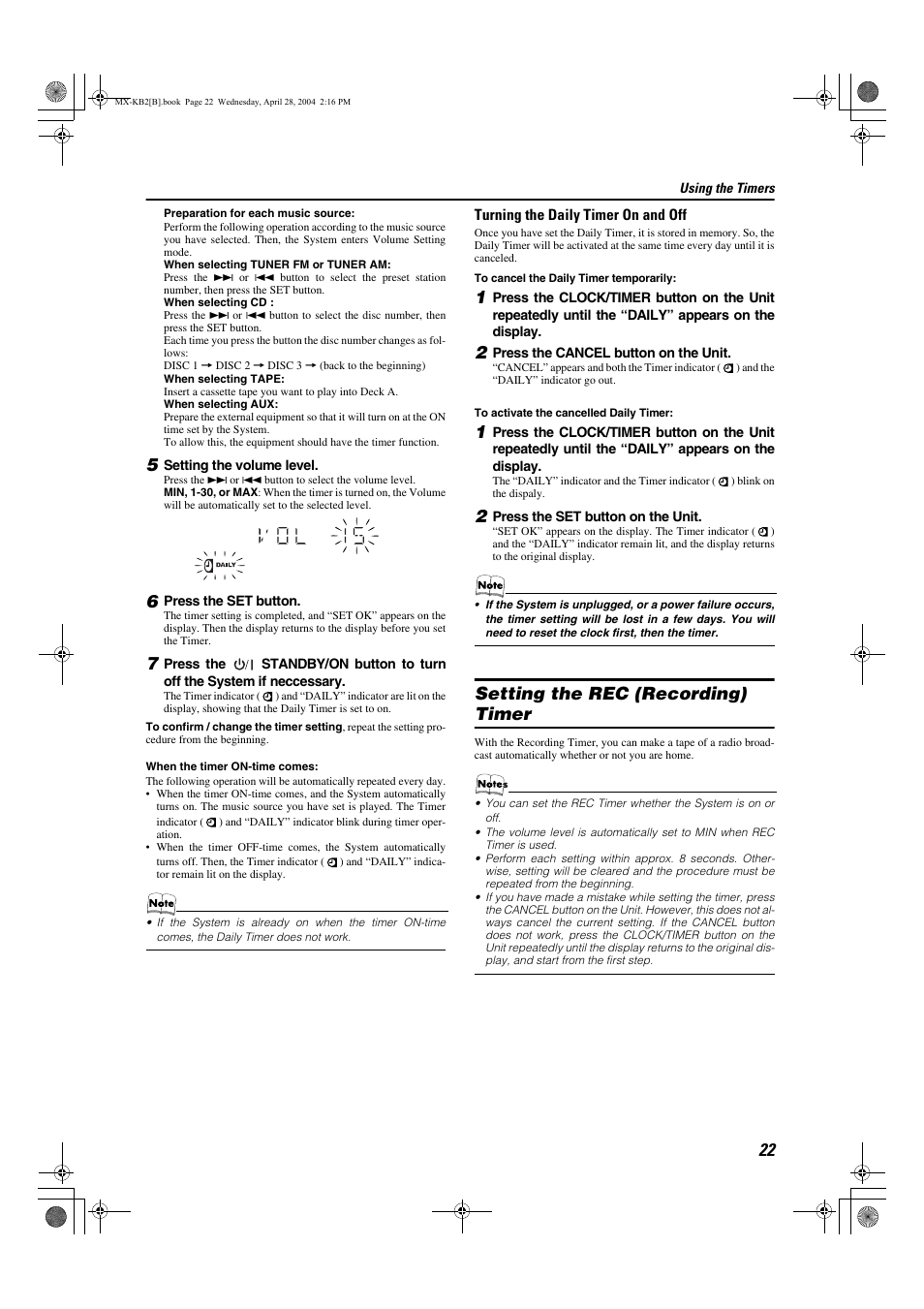 Setting the rec (recording) timer | JVC CA-MXKB1 User Manual | Page 25 / 30