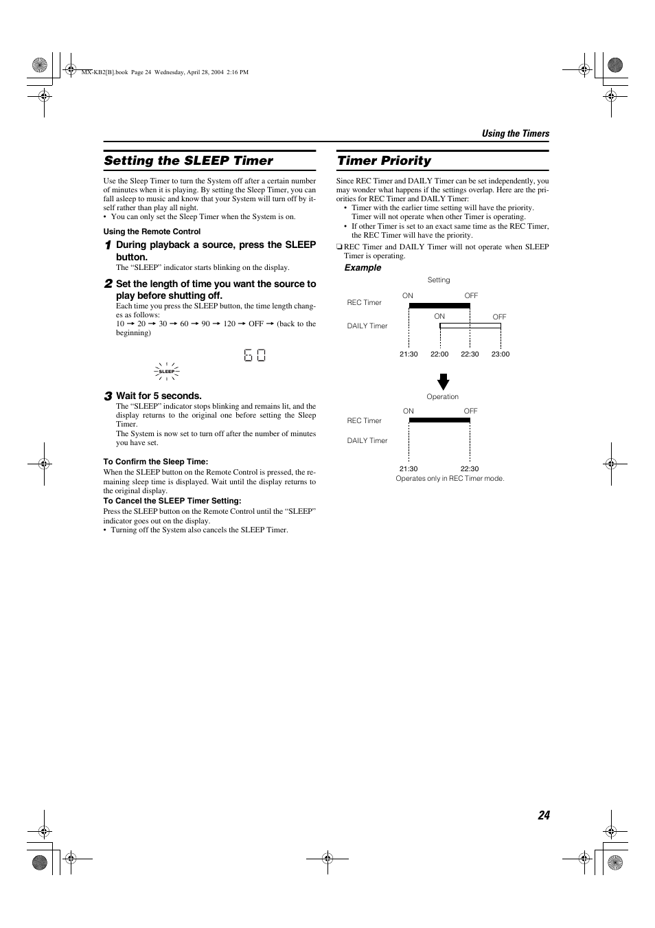 Setting the sleep timer, Timer priority | JVC CA-MXKB1 User Manual | Page 27 / 30