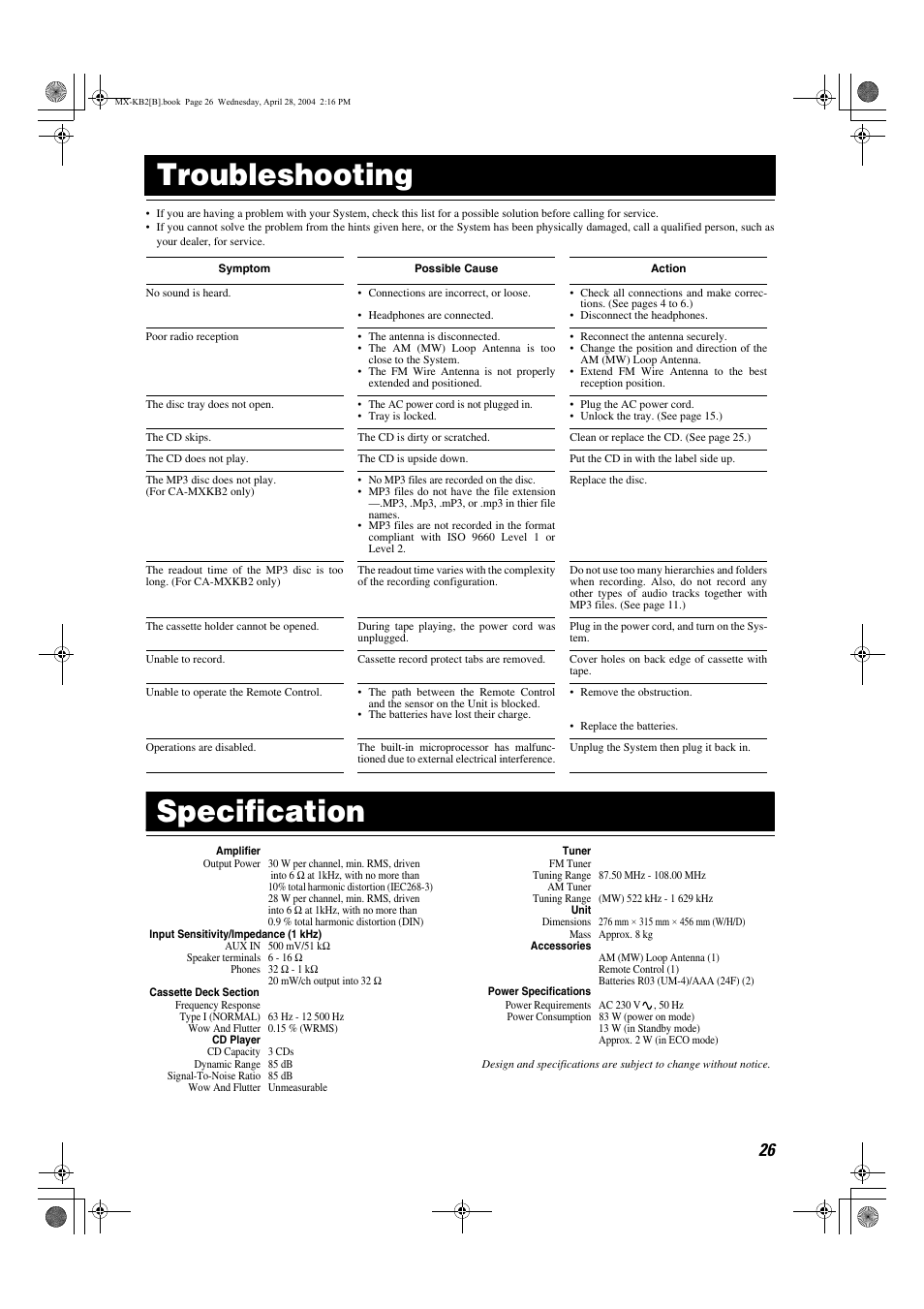 Troubleshooting, Specification | JVC CA-MXKB1 User Manual | Page 29 / 30