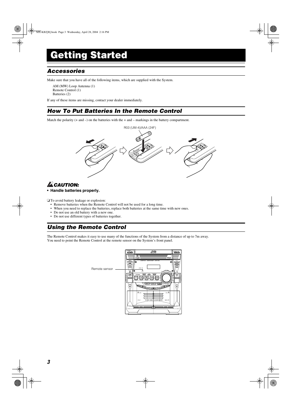 Getting started, Accessories, How to put batteries in the remote control | Using the remote control | JVC CA-MXKB1 User Manual | Page 6 / 30