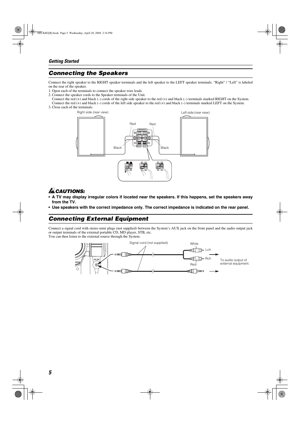 Connecting the speakers, Connecting external equipment | JVC CA-MXKB1 User Manual | Page 8 / 30