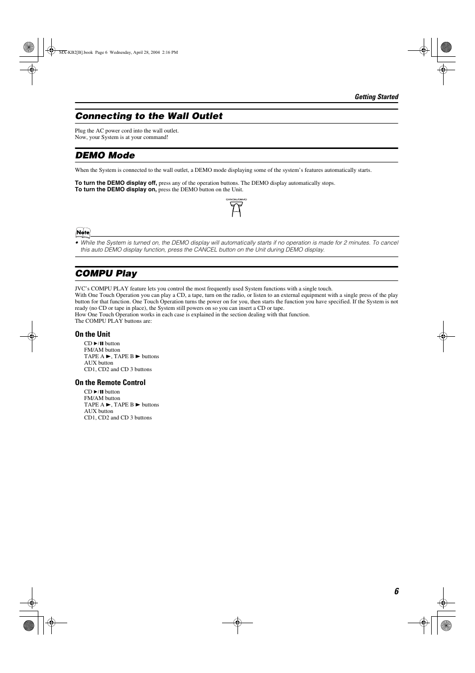 Connecting to the wall outlet, Demo mode, Compu play | JVC CA-MXKB1 User Manual | Page 9 / 30