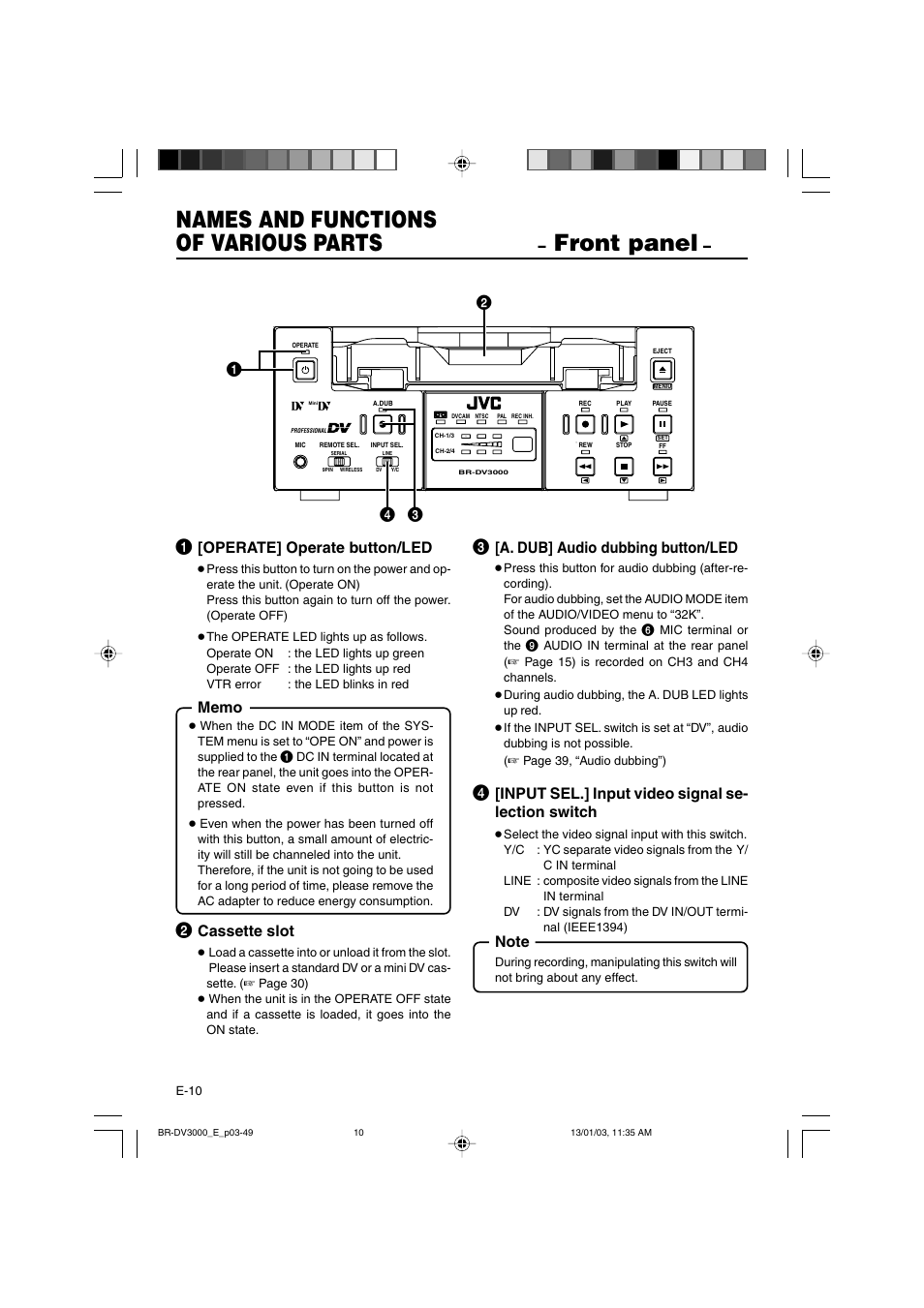 Names and functions of various parts, Front panel, Operate] operate button/led | Cassette slot, A. dub] audio dubbing button/led, Input sel.] input video signal se- lection switch | JVC BR-DV3000E User Manual | Page 10 / 350