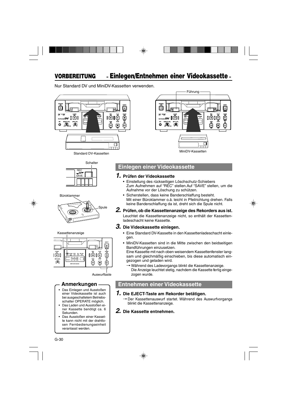Einlegen/entnehmen einer videokassette, Vorbereitung, Einlegen einer videokassette | Entnehmen einer videokassette, Anmerkungen | JVC BR-DV3000E User Manual | Page 100 / 350