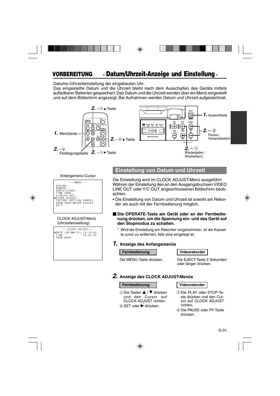 Datum/uhrzeit-anzeige und einstellung, Vorbereitung, Einstellung von datum und uhrzeit | JVC BR-DV3000E User Manual | Page 101 / 350