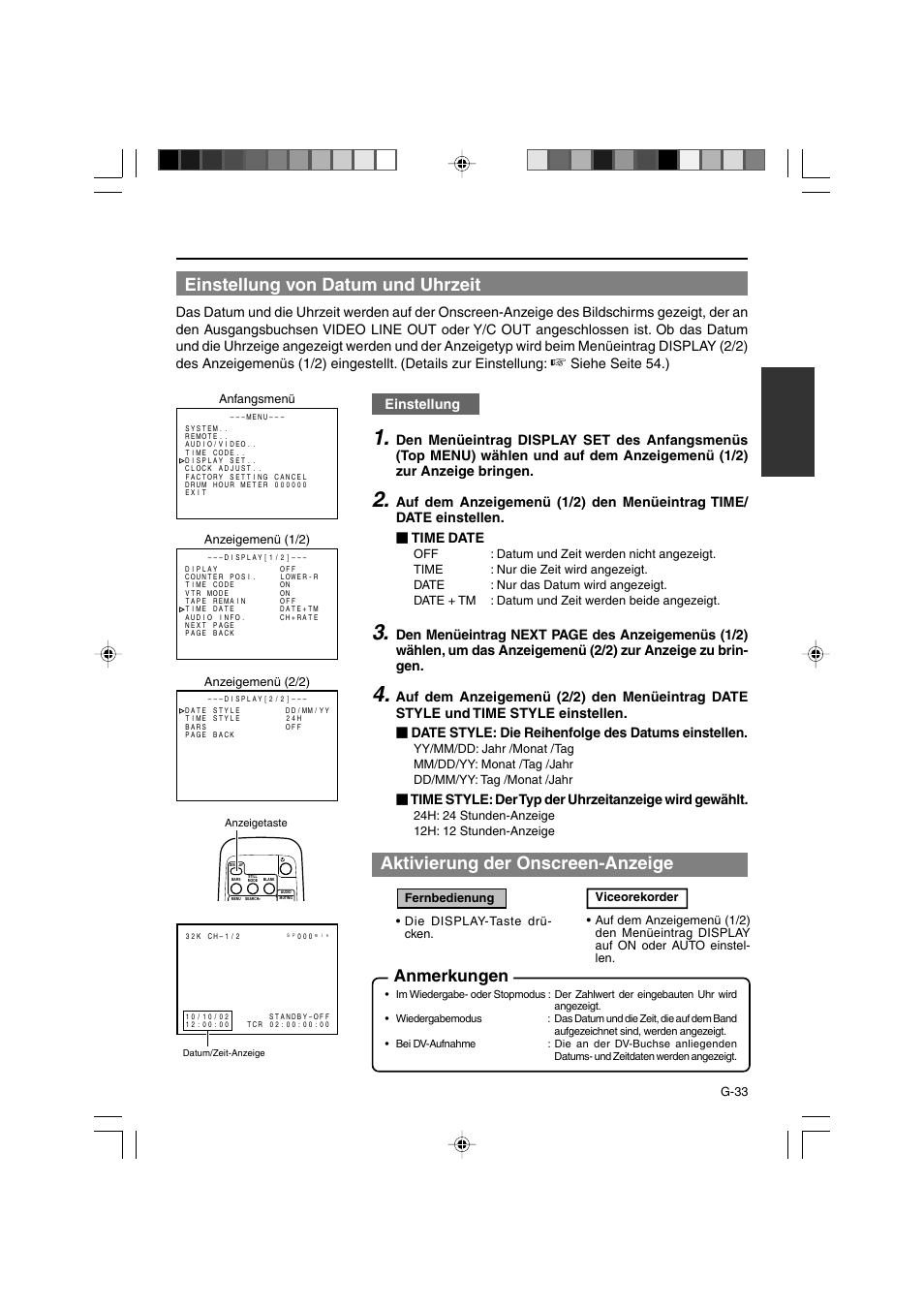 Einstellung von datum und uhrzeit, Aktivierung der onscreen-anzeige, Anmerkungen | Siehe seite 54.), Einstellung | JVC BR-DV3000E User Manual | Page 103 / 350