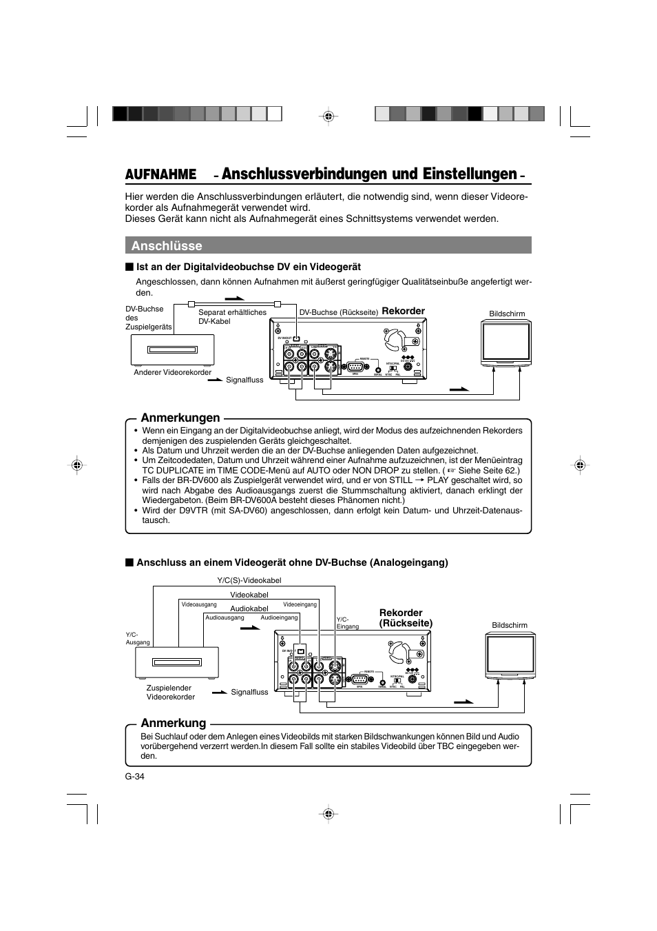 Anschlussverbindungen und einstellungen, Aufnahme, Anschlüsse | Anmerkungen, Anmerkung, Ist an der digitalvideobuchse dv ein videogerät, Rekorder, Rekorder (rückseite), G-34 | JVC BR-DV3000E User Manual | Page 104 / 350