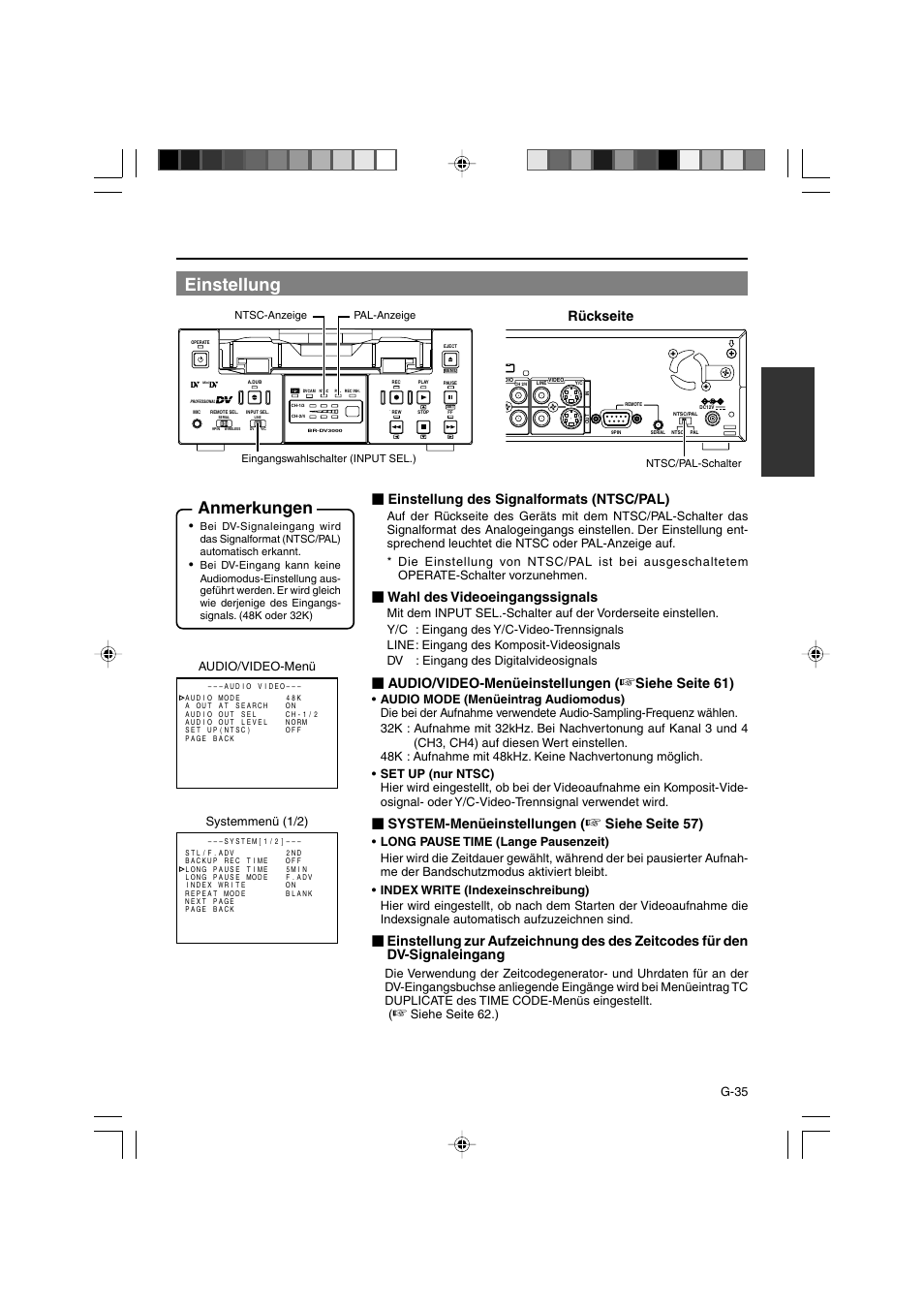 Einstellung, Anmerkungen, Rückseite | Einstellung des signalformats (ntsc/pal), Wahl des videoeingangssignals, Audio/video-menüeinstellungen, Siehe seite 61), System-menüeinstellungen, Siehe seite 57), G-35 | JVC BR-DV3000E User Manual | Page 105 / 350