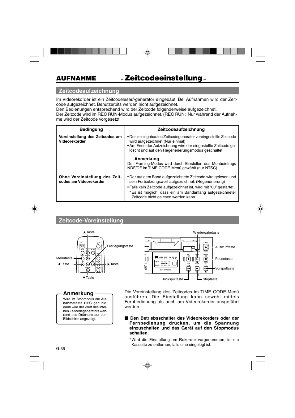 Zeitcodeeinstellung, Aufnahme, Zeitcodeaufzeichnung | Zeitcode-voreinstellung, Bedingung zeitcodeaufzeichnung, Anmerkung | JVC BR-DV3000E User Manual | Page 106 / 350