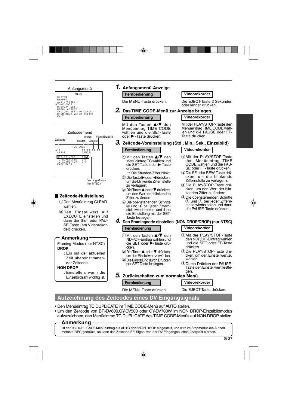 Aufzeichnung des zeitcodes eines dv-eingangsignals, Anmerkung | JVC BR-DV3000E User Manual | Page 107 / 350