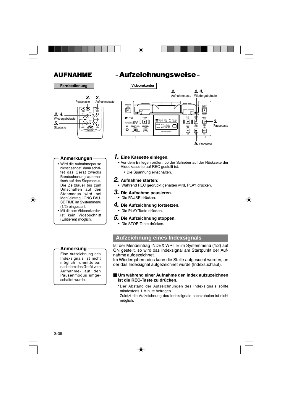 Aufzeichnungsweise, Aufnahme, Aufzeichnung eines indexsignals | Anmerkungen, Anmerkung, Eine kassette einlegen, Aufnahme starten, Die aufnahme pausieren, Die aufzeichnung fortsetzen, Die aufzeichnung stoppen | JVC BR-DV3000E User Manual | Page 108 / 350
