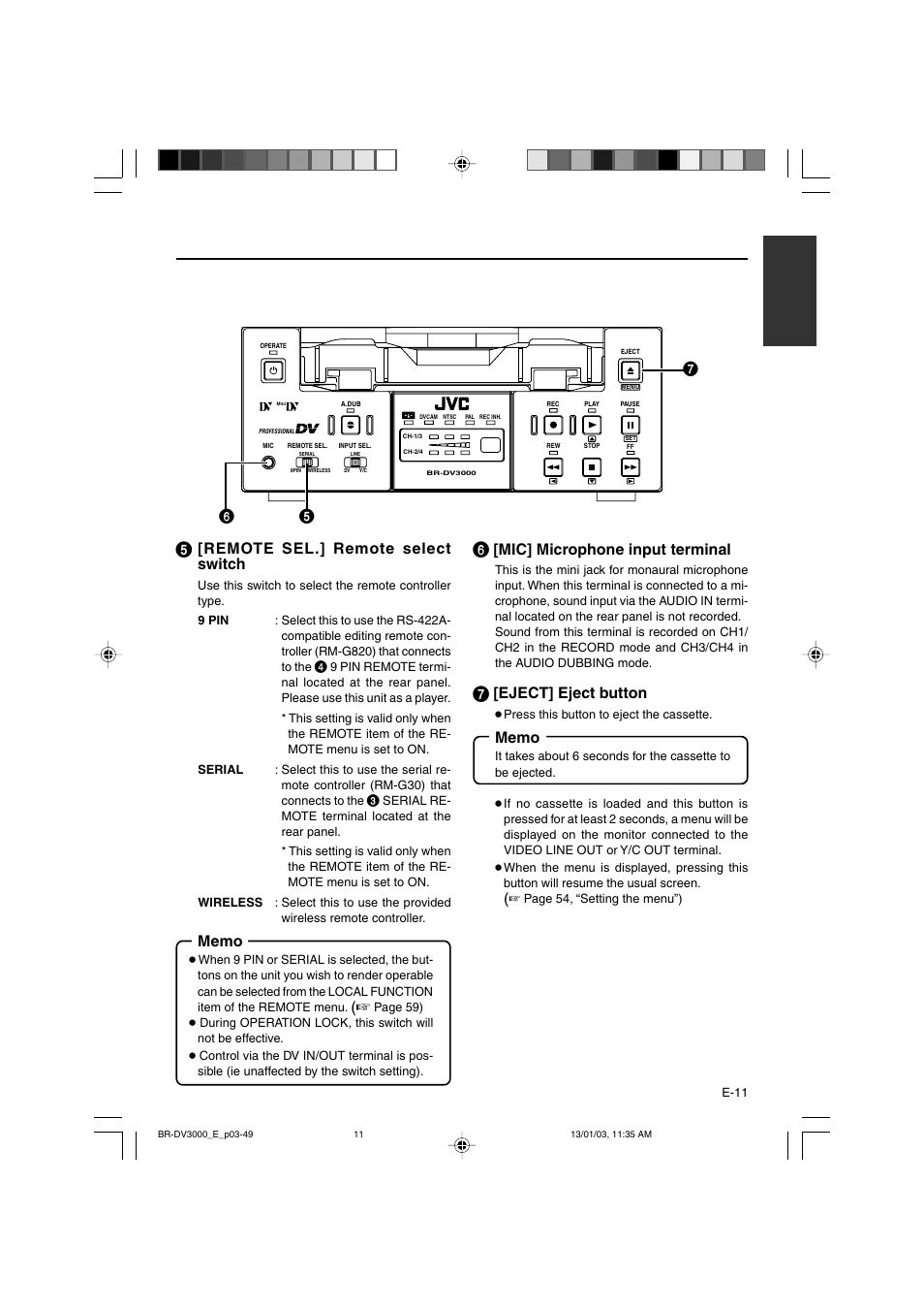 Remote sel.] remote select switch, Mic] microphone input terminal, Eject] eject button | JVC BR-DV3000E User Manual | Page 11 / 350