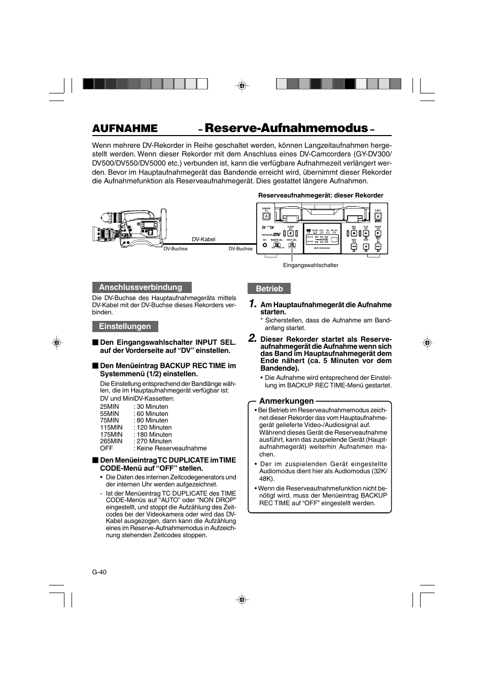 Aufnahme, Anmerkungen, Anschlussverbindung | Einstellungen, Betrieb | JVC BR-DV3000E User Manual | Page 110 / 350