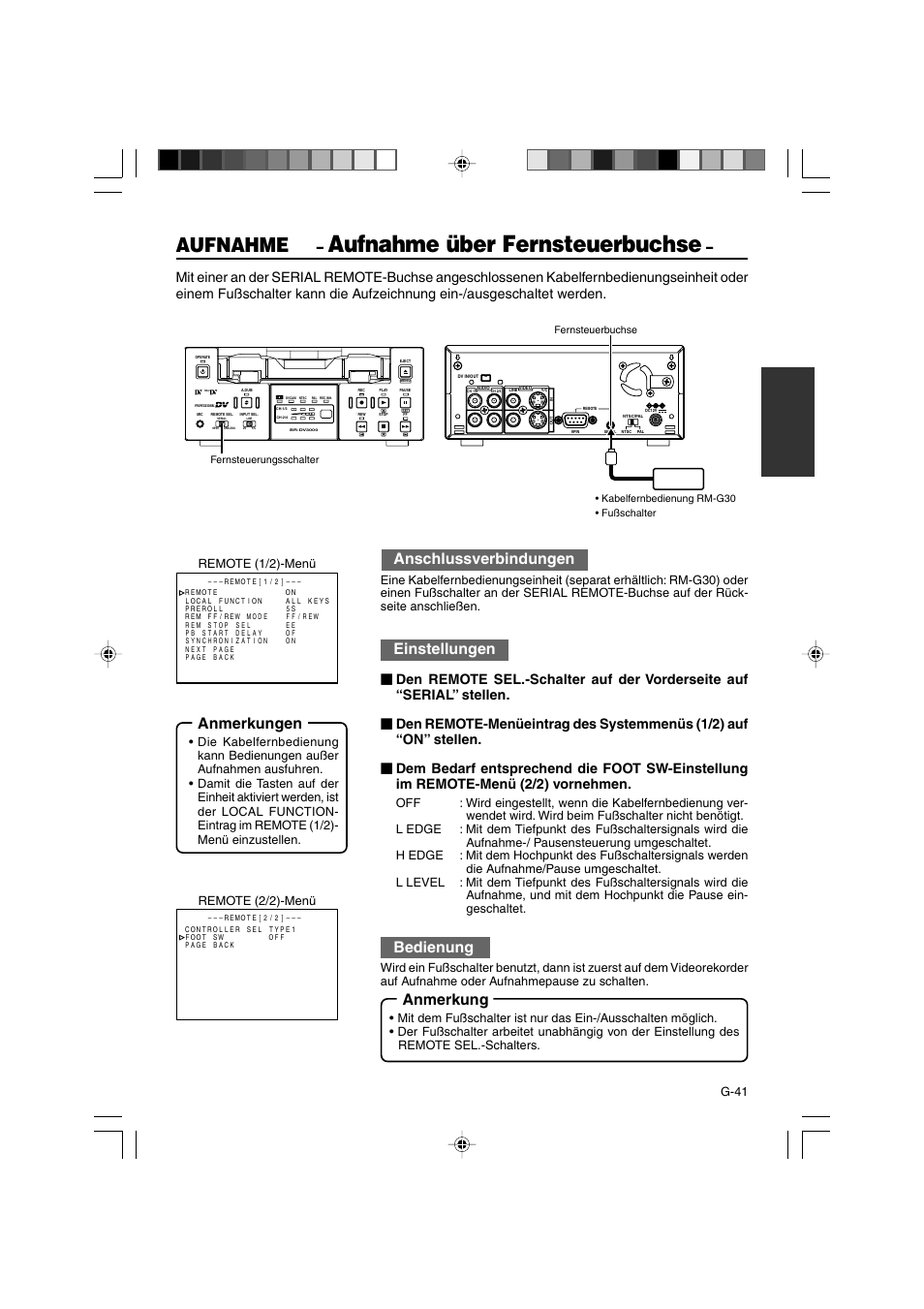 Aufnahme über fernsteuerbuchse, Aufnahme, Anmerkungen | Anschlussverbindungen, Einstellungen, Bedienung, Anmerkung, G-41, Remote (1/2)-menü remote (2/2)-menü | JVC BR-DV3000E User Manual | Page 111 / 350