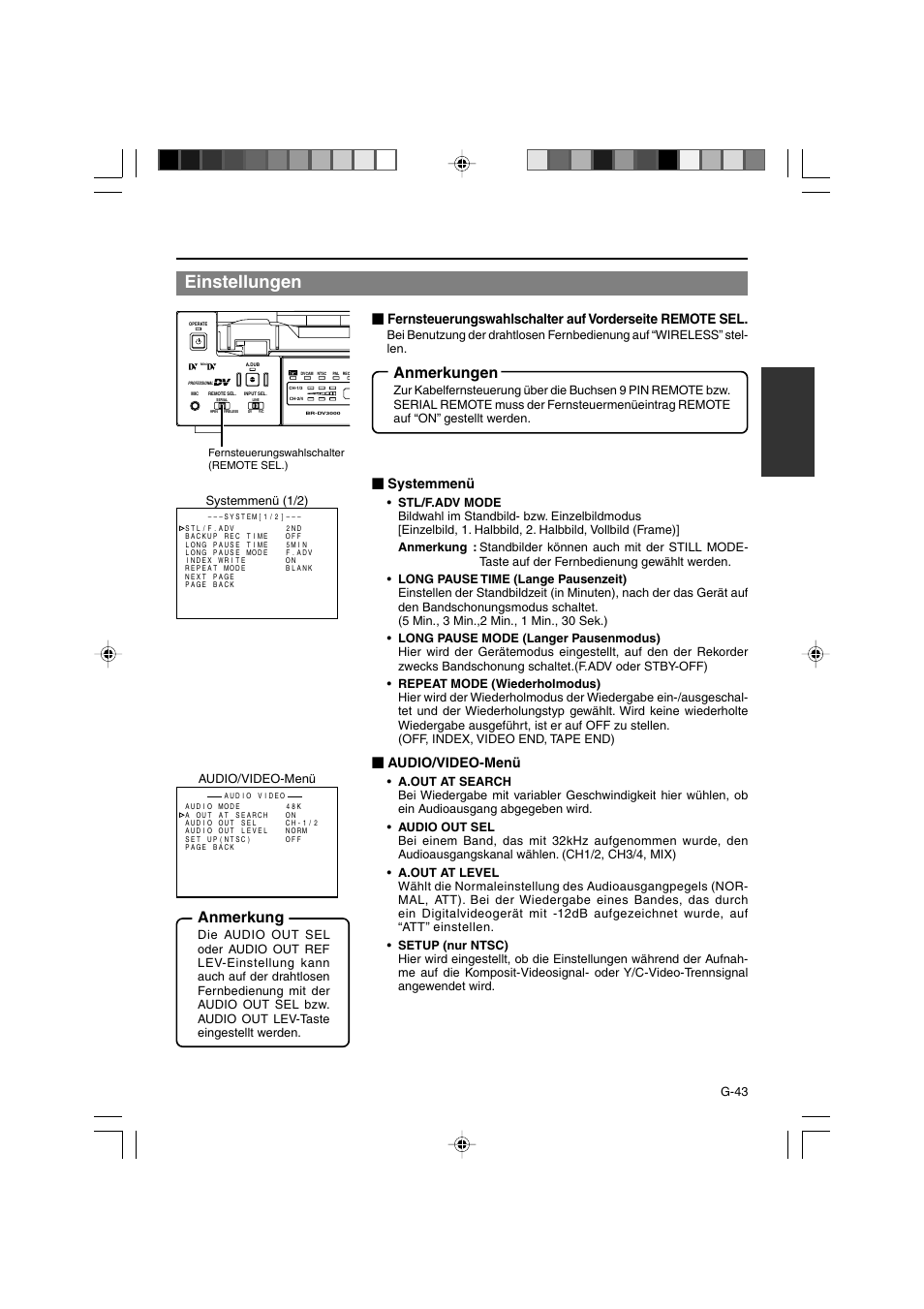 Einstellungen, Anmerkungen, Anmerkung | Systemmenü, Audio/video-menü | JVC BR-DV3000E User Manual | Page 113 / 350