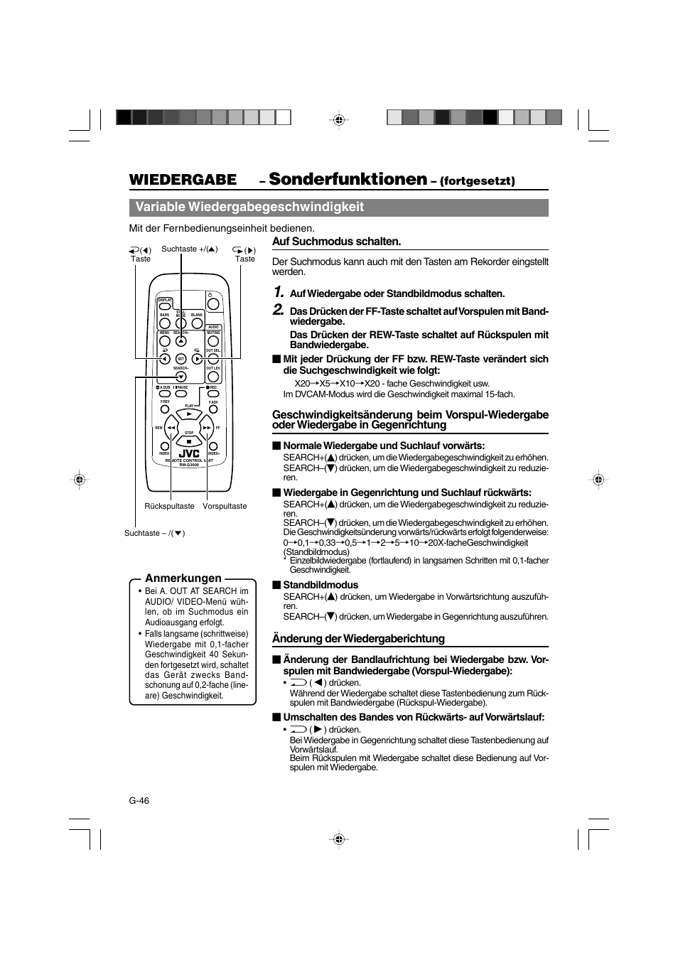 Sonderfunktionen, Wiedergabe, Variable wiedergabegeschwindigkeit | Fortgesetzt), Auf suchmodus schalten, Änderung der wiedergaberichtung, Anmerkungen | JVC BR-DV3000E User Manual | Page 116 / 350