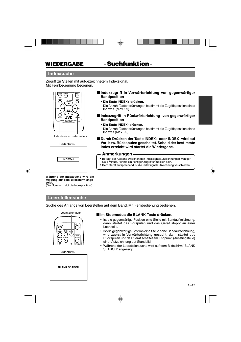 Suchfunktion, Wiedergabe, Indexsuche | Leerstellensuche, Anmerkungen, Im stopmodus die blank-taste drücken | JVC BR-DV3000E User Manual | Page 117 / 350