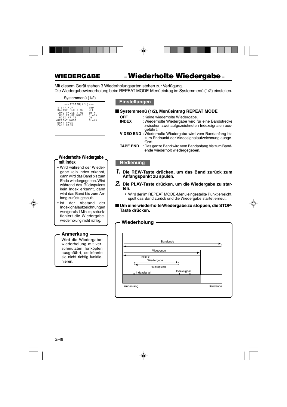 Wiederholte wiedergabe, Wiedergabe, Einstellungen | Bedienung, Wiederholung wiederholte wiedergabe mit index, Anmerkung | JVC BR-DV3000E User Manual | Page 118 / 350