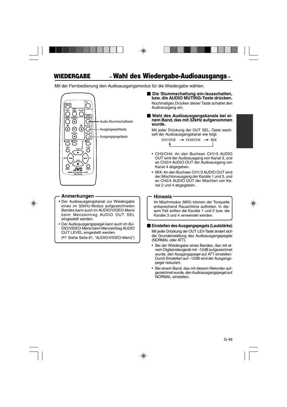 Wahl des wiedergabe-audioausgangs, Wiedergabe, Anmerkungen | Hinweis, Einstellen des ausgangspegels (lautstärke) | JVC BR-DV3000E User Manual | Page 119 / 350