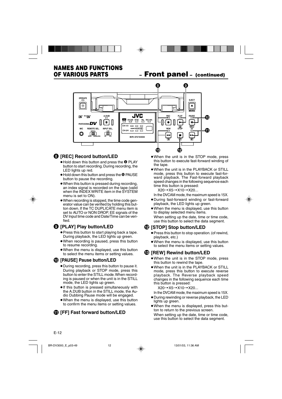 Front panel, Names and functions of various parts, Continued) | Rec] record button/led, Play] play button/led, Pause] pause button/led, Ff] fast forward button/led, Stop] stop button/led, Rew] rewind button/led | JVC BR-DV3000E User Manual | Page 12 / 350