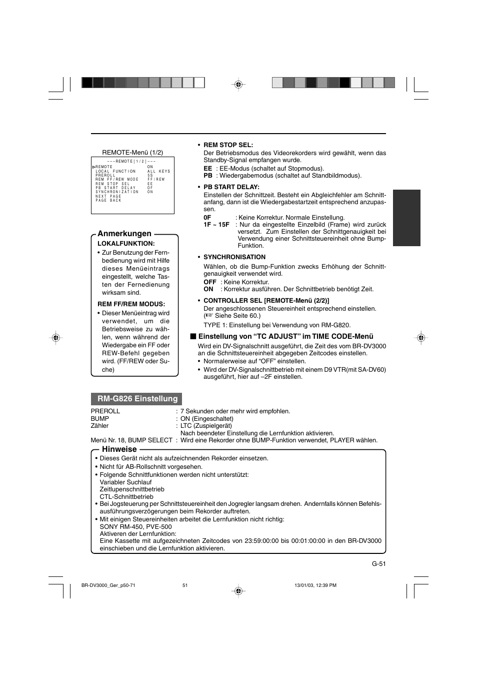 Anmerkungen, Hinweise, Rm-g826 einstellung | JVC BR-DV3000E User Manual | Page 121 / 350