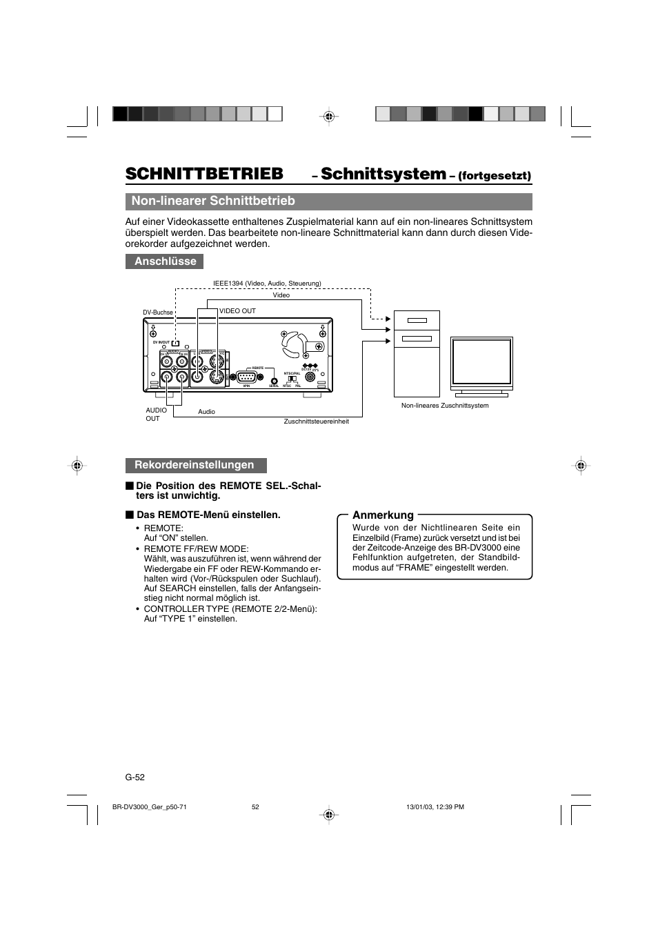 Schnittbetrieb, Schnittsystem, Non-linearer schnittbetrieb | Fortgesetzt) anschlüsse, Rekordereinstellungen, Anmerkung | JVC BR-DV3000E User Manual | Page 122 / 350